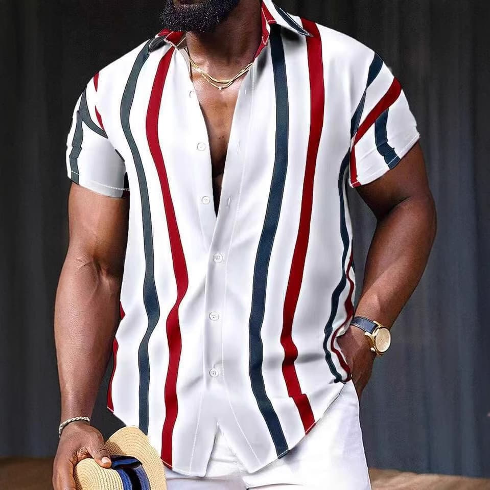 Men's Clothing Youth Casual Daily Loose Tops Short Sleeved Striped 3D Printed Shirt