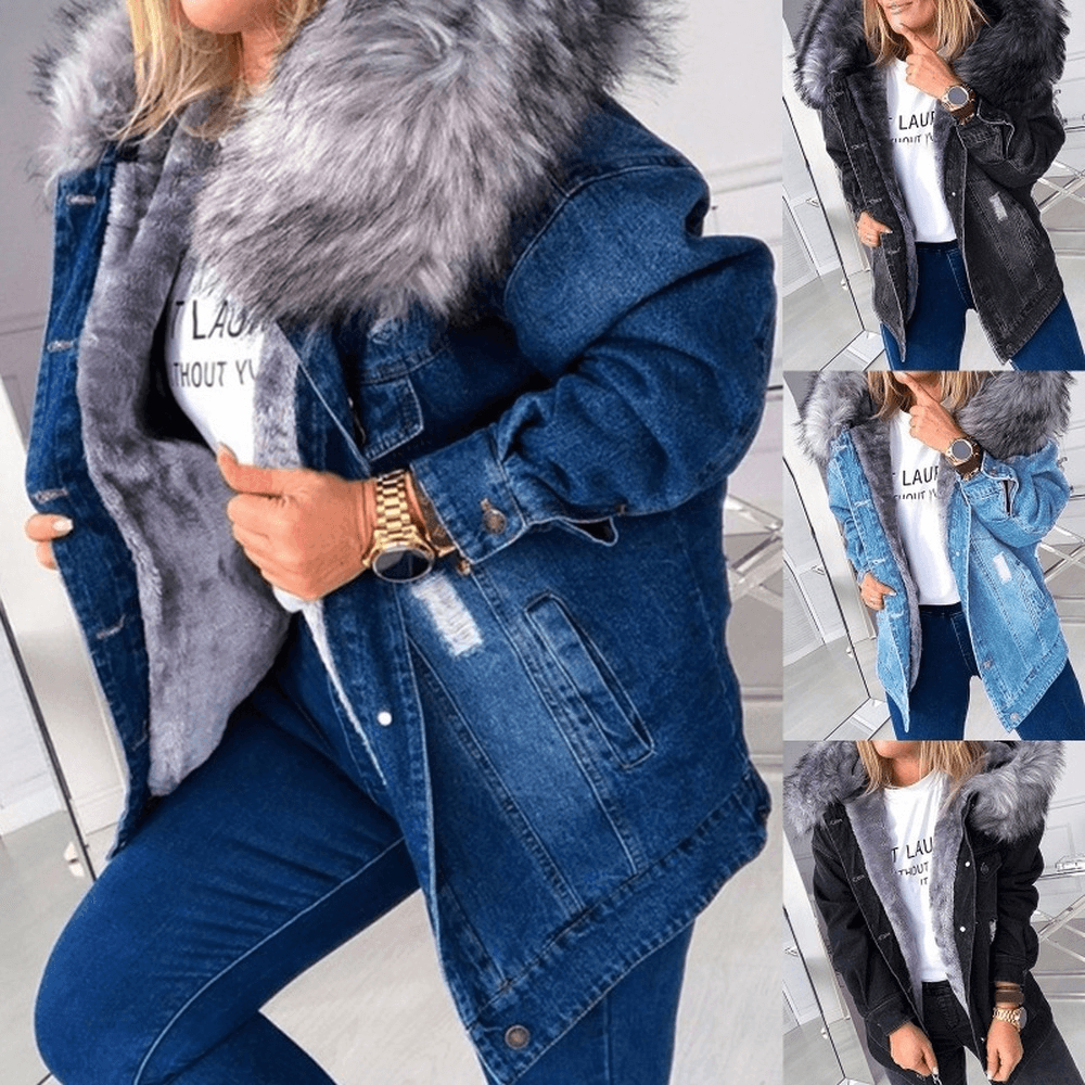 Women Winter Warm Fluffy Collar Hooded Denim Jacket Thick Plush Lined Warm Long Sleeve Jean Coat Button Down Oversized