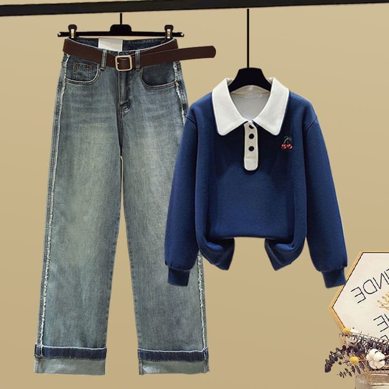 ​​"Women's Polo Collar Top & Cigarette Pants Set – Casual Long Sleeve Shirt With Raw Hem Jeans | Smart-Casual Outfit"​​