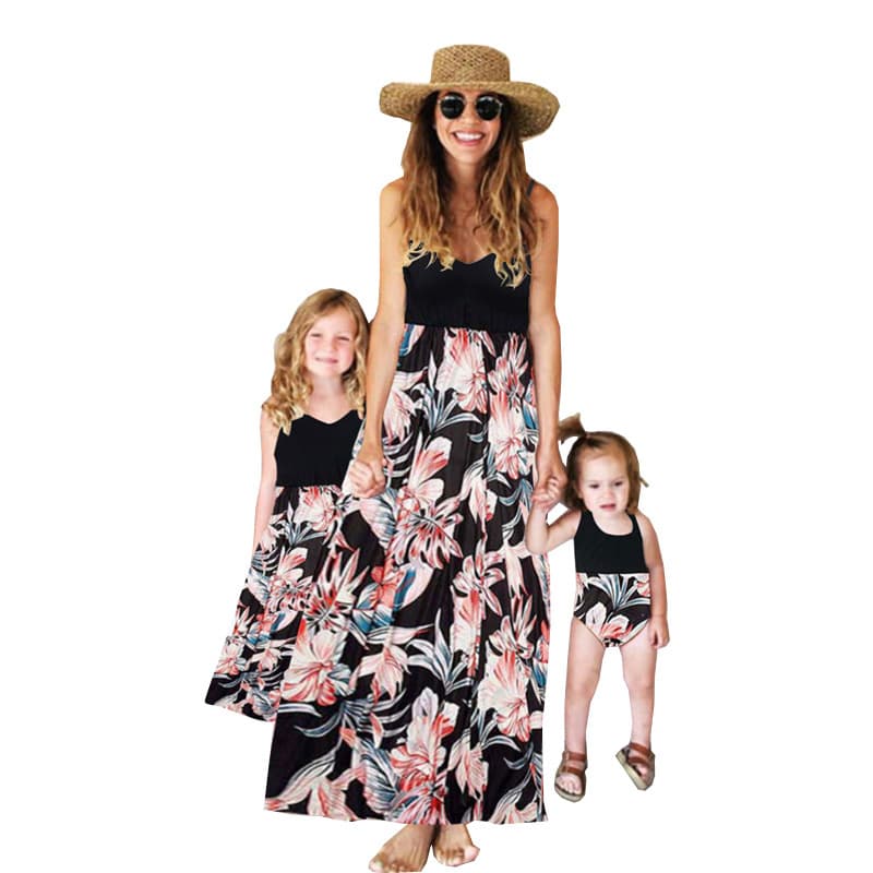 Mother-Daughter Denim Jumper Set - European Print & Patchwork Suspenders Dress