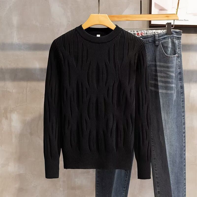 Men's Clothing Autumn and winter men's round neck sweater trendy slim bottom line sweater youth warm solid color wave pattern sweater men