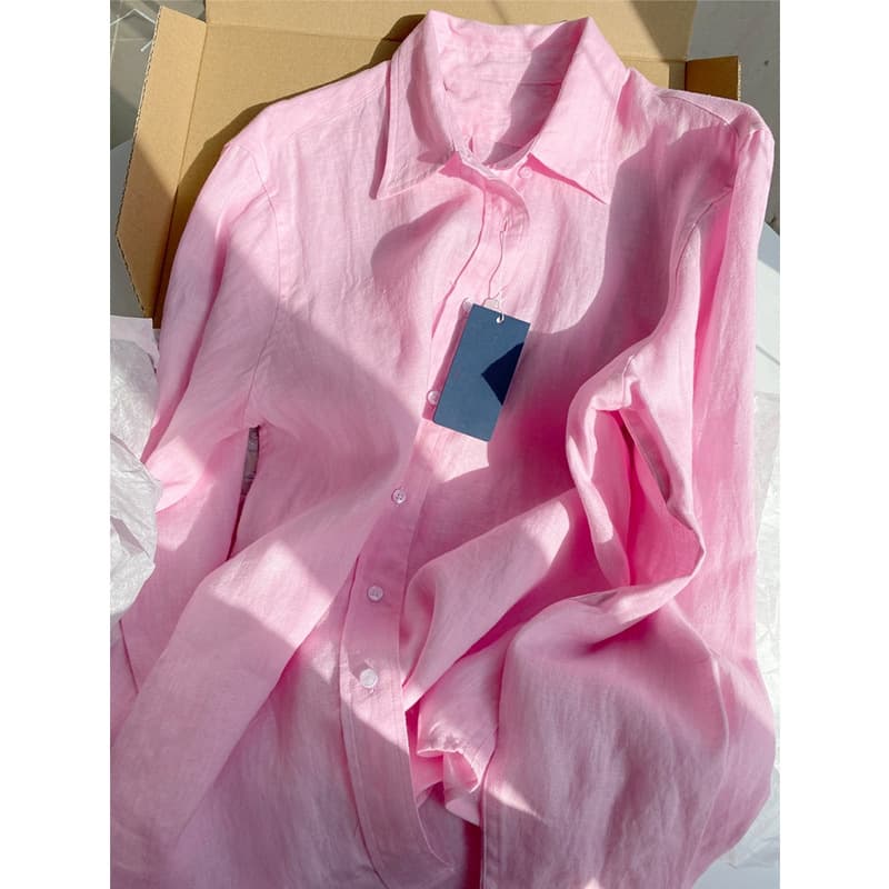 Women's Clothing pink ramie shirt boyfriend style loose casual long sleeved cotton and linen shirt