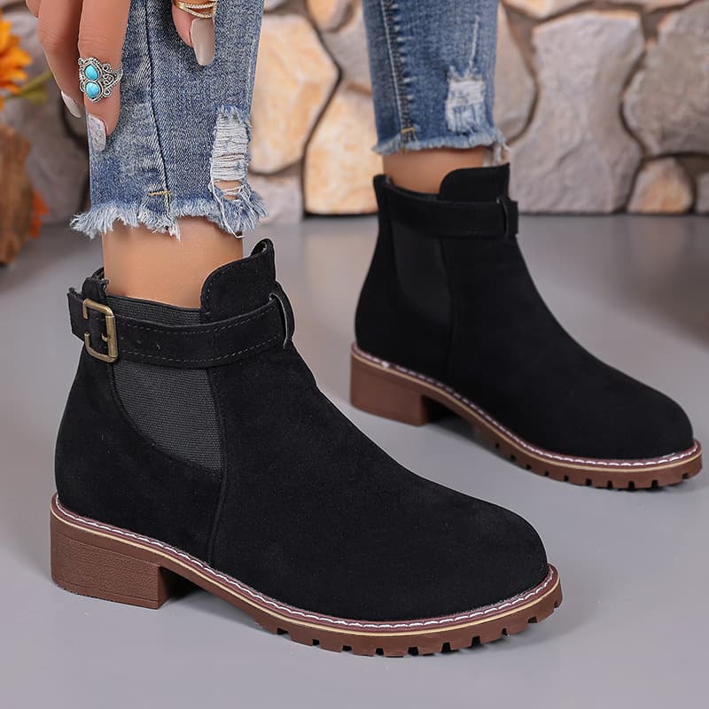 Black Martin Autumn Winter New Large Size Slip-On Short Trendy Round Toe Square Heel Mid-Calf Boots Women's Shoes
