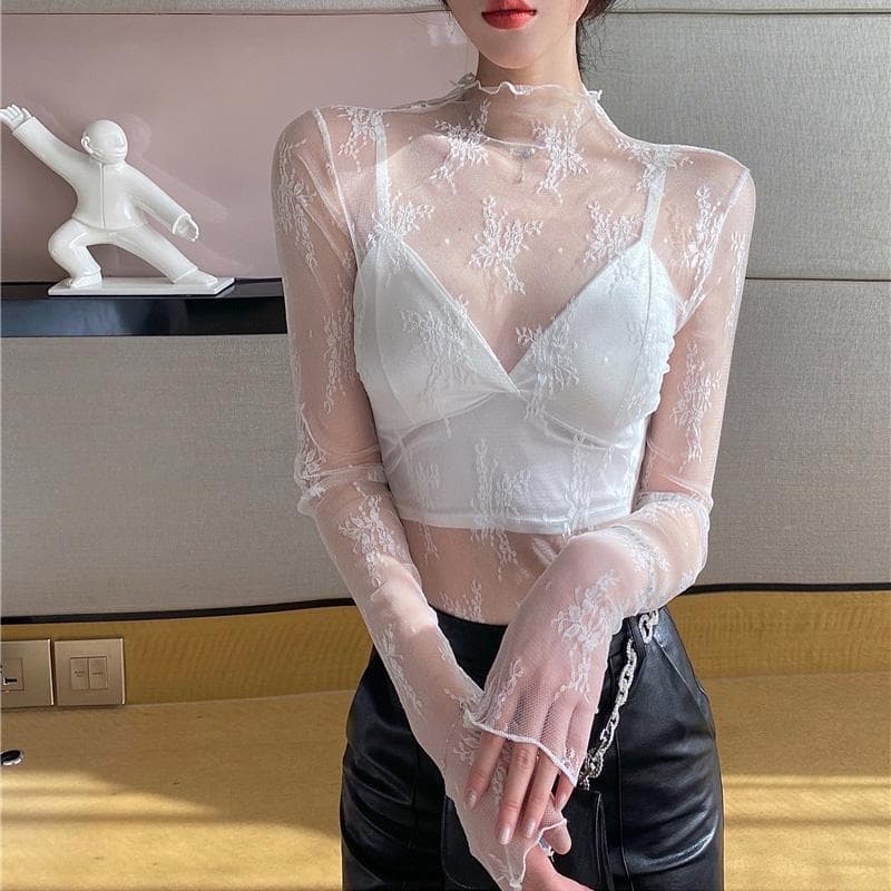 Women's Clothing White Half High Collar Lace Bottoming Shirt For Women Spring And Autumn 2025 New Style Inner Wear Tulle Thin Mesh Top