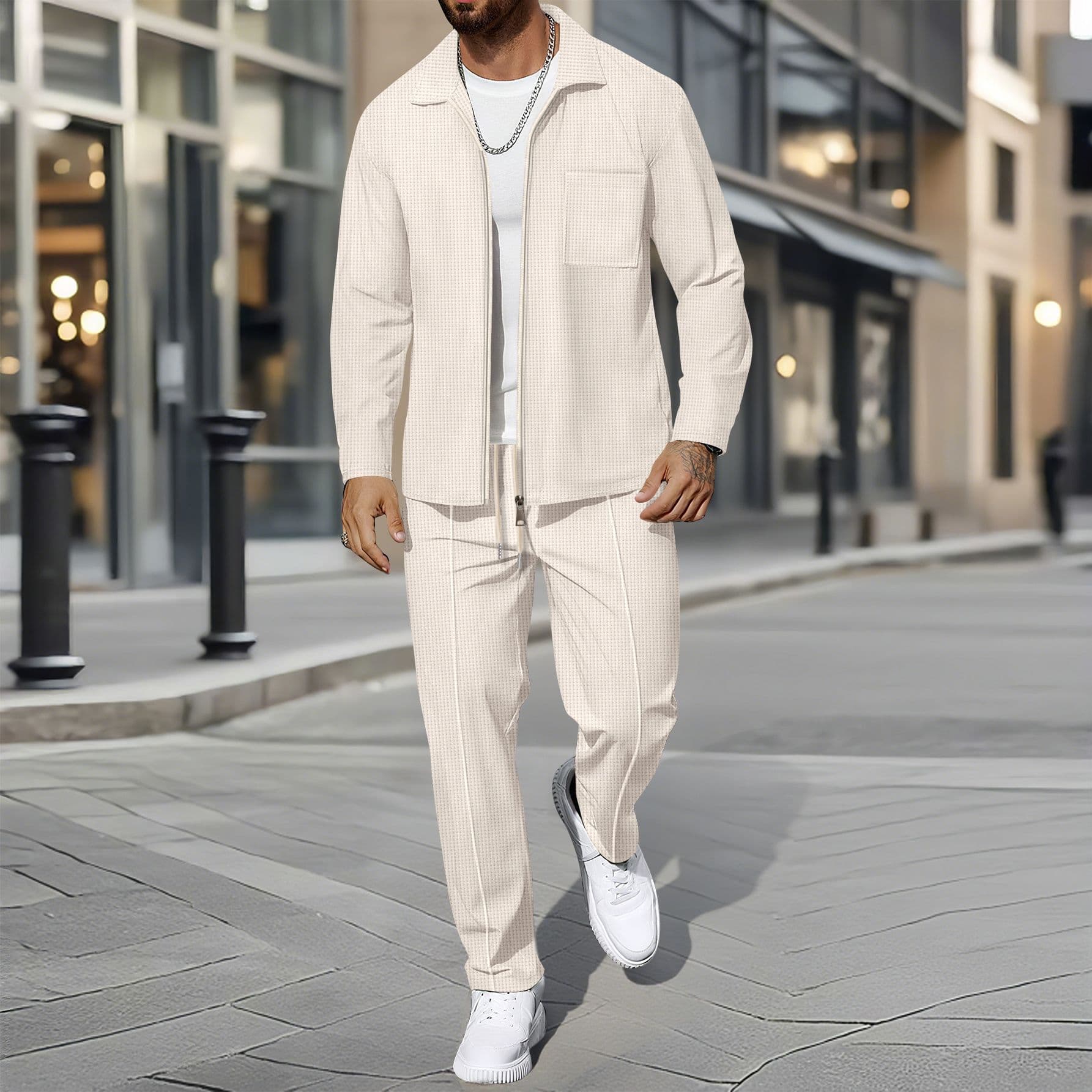 Men's Clothing Men's Slim Fit Cardigan Solid Color Zipper Placket Lapel Waffle Texture Autumn Jacket For Men's Fashion