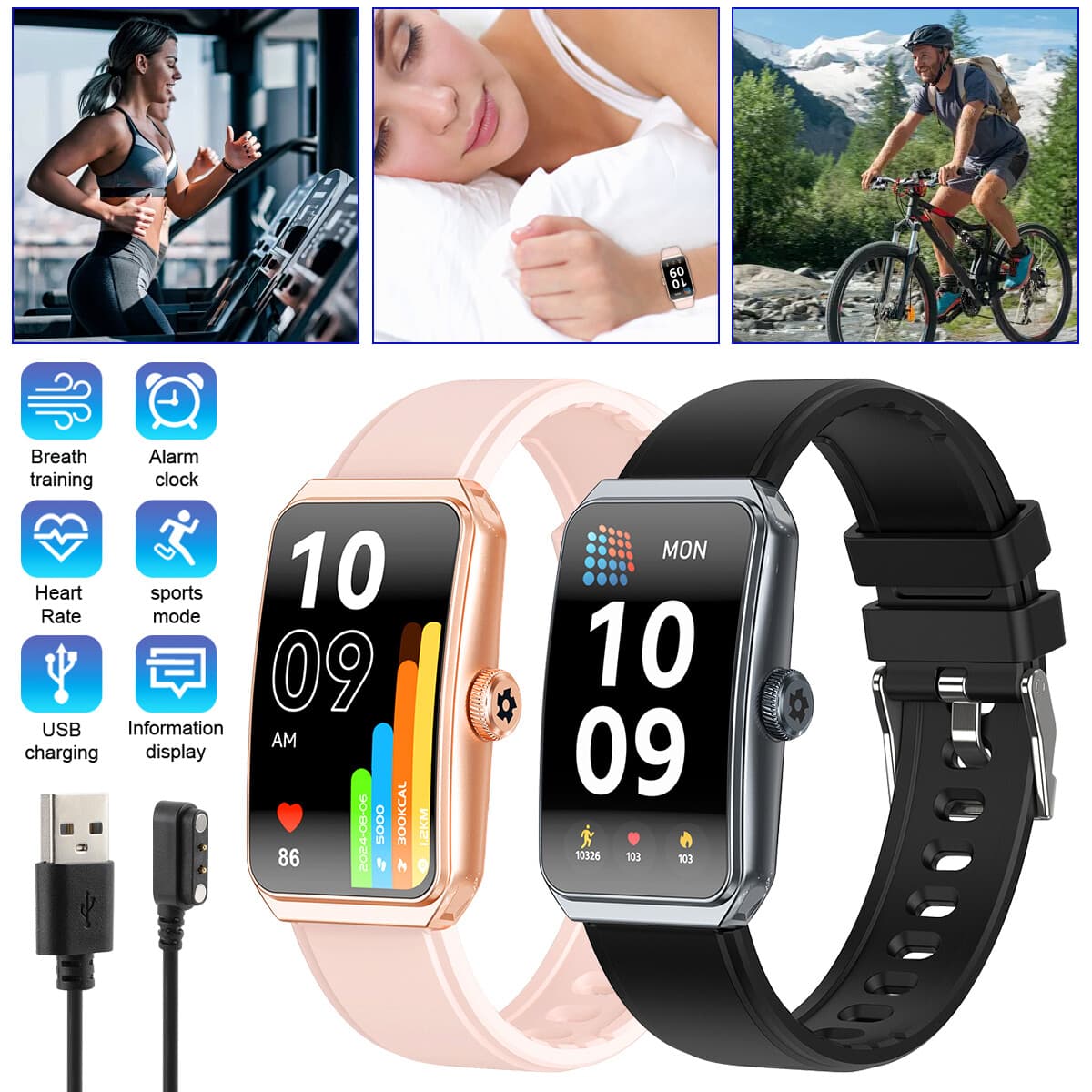 Montre connectée pour hommes et femmes, moniteur de fréquence cardiaque, étanche, suivi d'activité physique