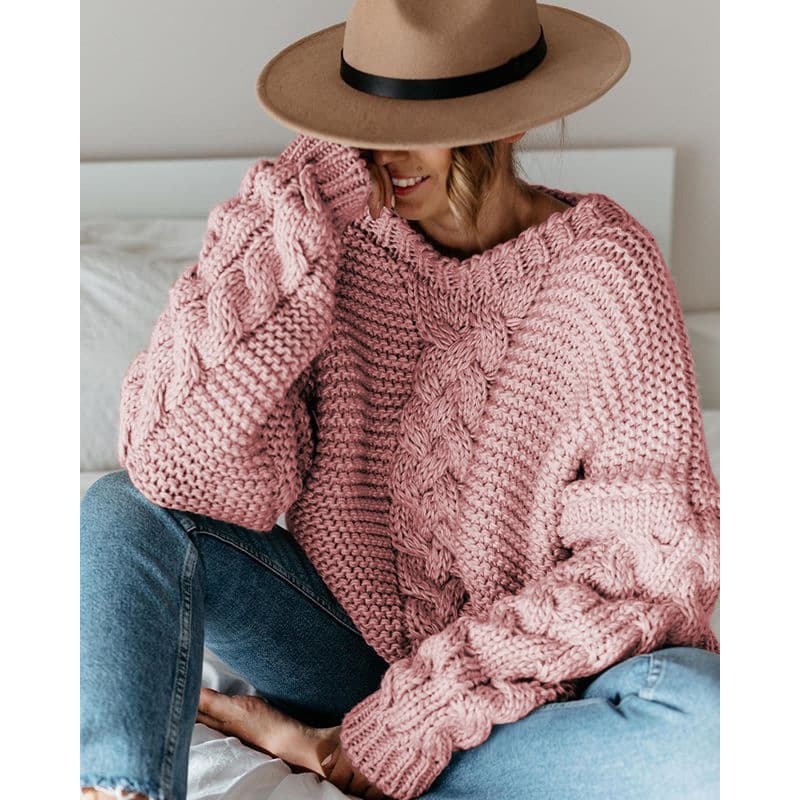 Autumn And Winter Popular Solid Color Pullover V-neck Twist Loose Sweater Casual Sweater For Women