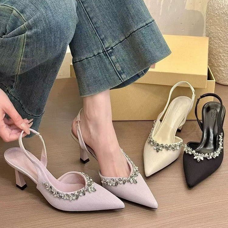 Fashionable Versatile High Heels Women's Pointed Toe Diamond Embellished Slip-On Shoes For Spring Autumn And Summer Wear