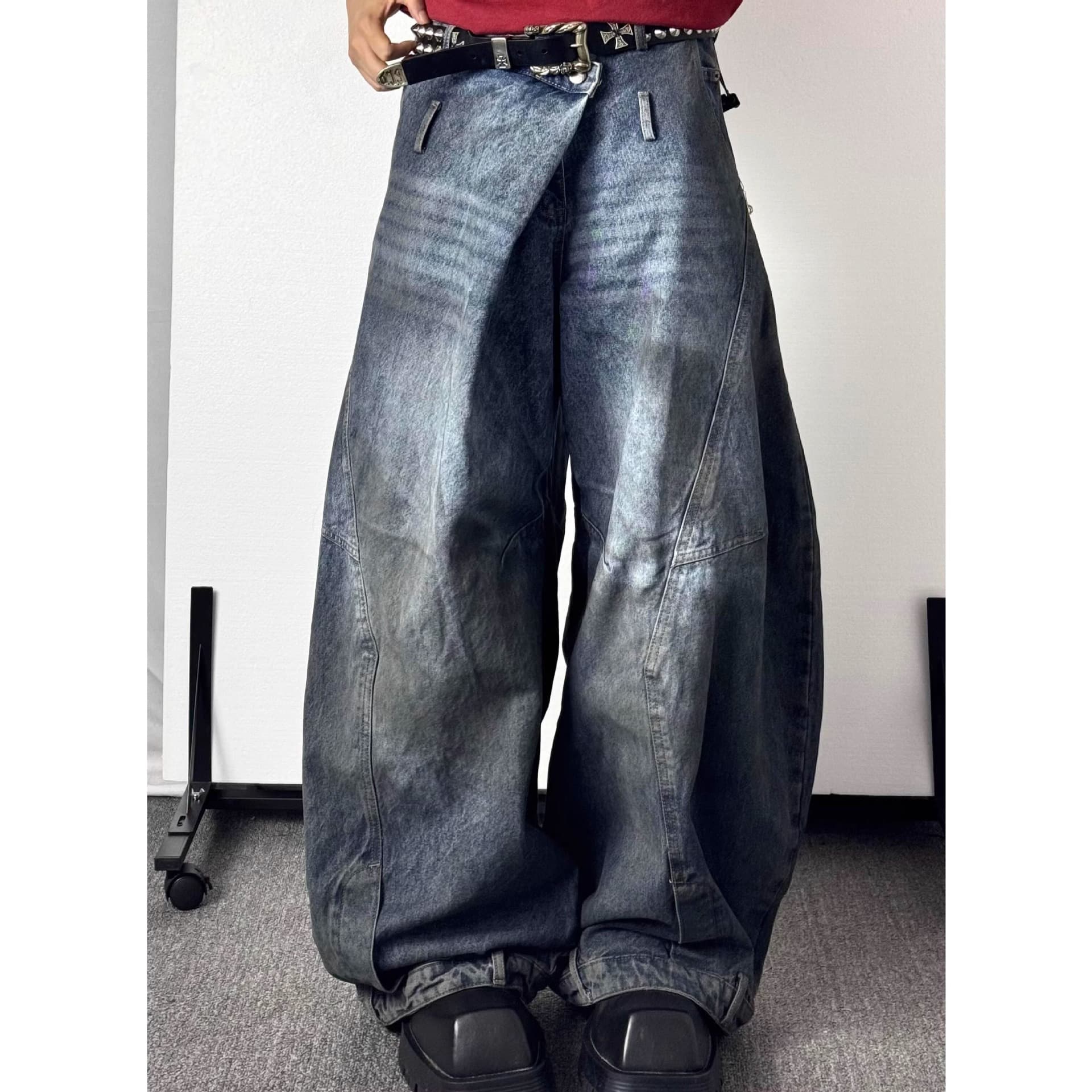 Men's Clothing Old Rubbed Color Jeans Design Reverse Waist Wide Leg Pants