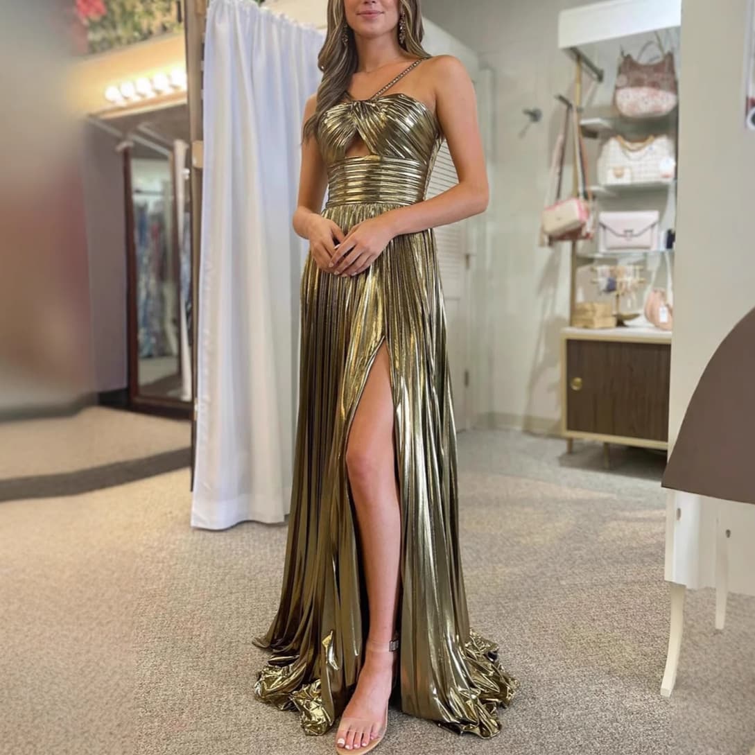 Women's Clothing Sexy Evening Dress With High Slit & Gold Foil Detail – Backless Sleeveless A-Line Gown For Party, Night Out (Red/Green/Gold/Purple)​