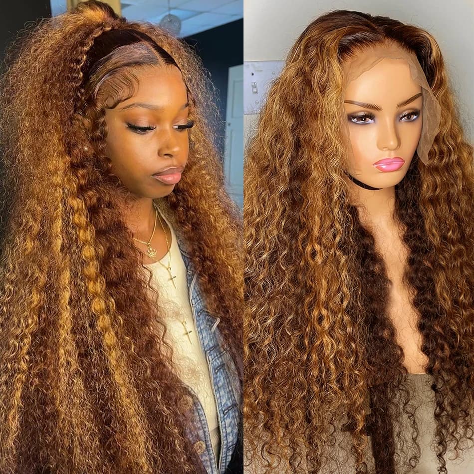 16-36 Inch Highlight Ombre HD Lace Frontal Wig Curly Human Hair Wigs 4/27 Colored Deep Wave Closure Wig