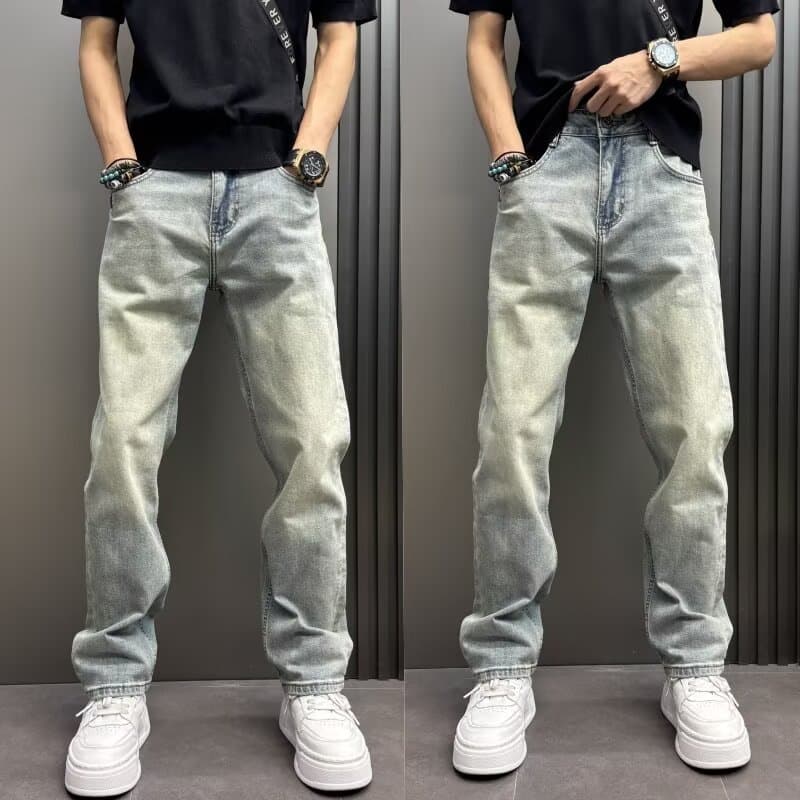 Autumn New Washed And Old Light Blue Jeans Men's Loose Straight Trousers Diagonal Pockets Simple High Street Trousers