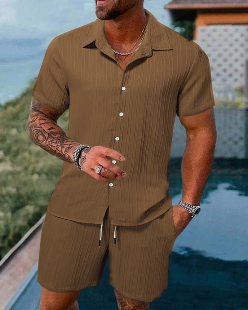 Chemise à revers rayée pour hommes, short, costume de sport décontracté à la mode