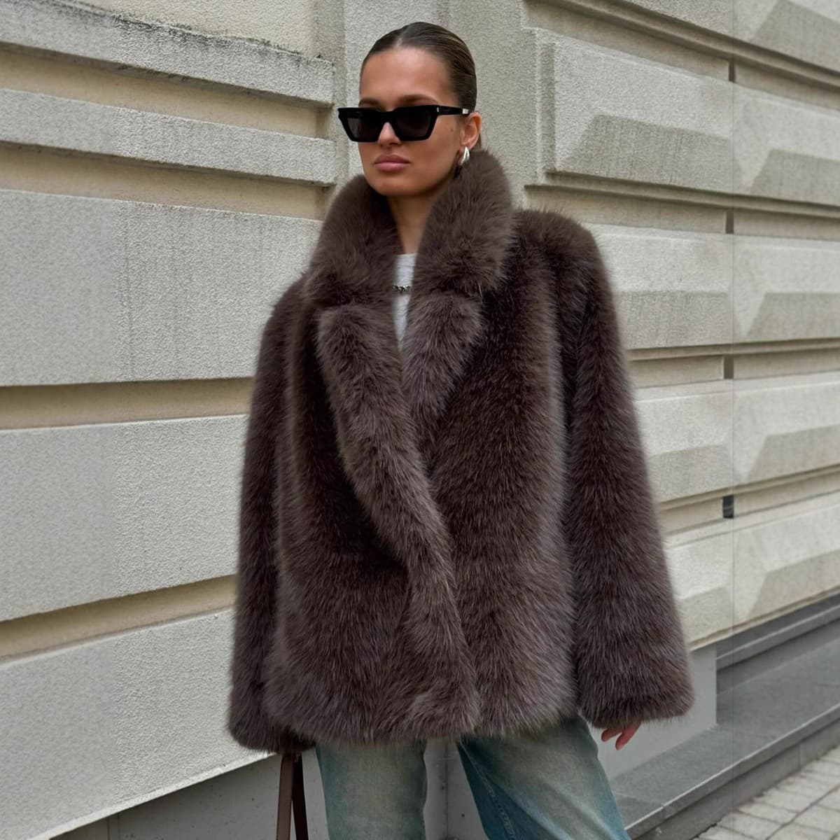 Women's Elegant Faux Fur Coat – Mid-Length Winter Jacket With Notched Collar, Eco-Friendly Plush Outerwear (Dark Brown, White, Beige, Black)