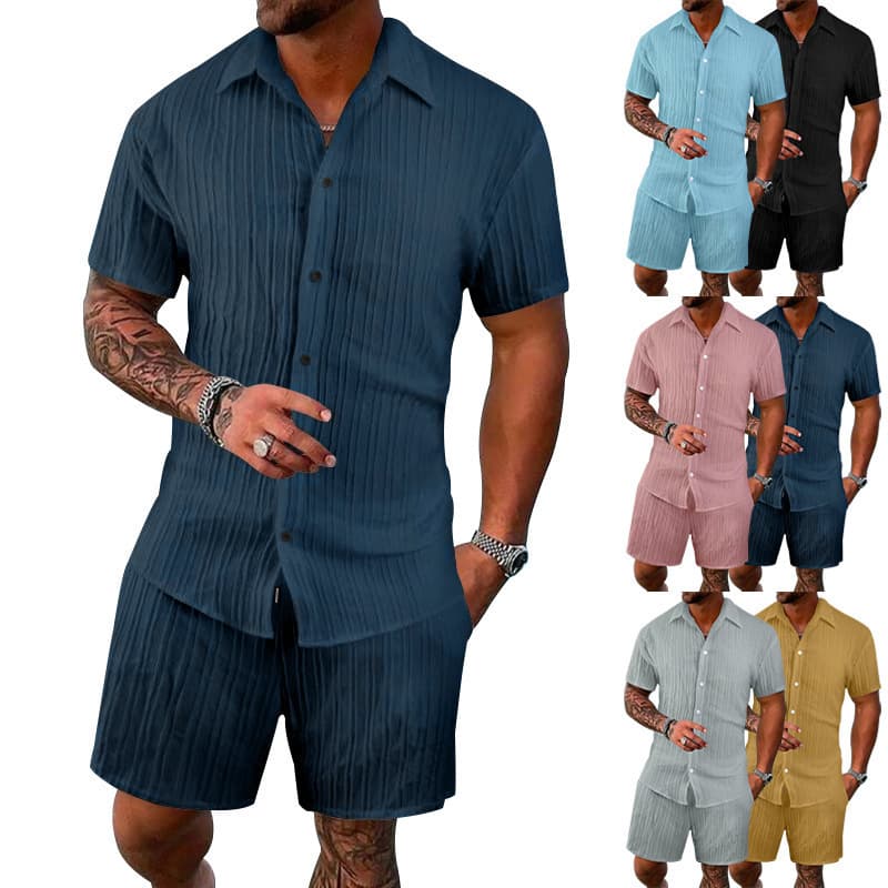 Men's Clothing Men's Summer Casual Sports Suit Loose Solid Color Breathable Cardigan Short Sleeved Shirt Suit