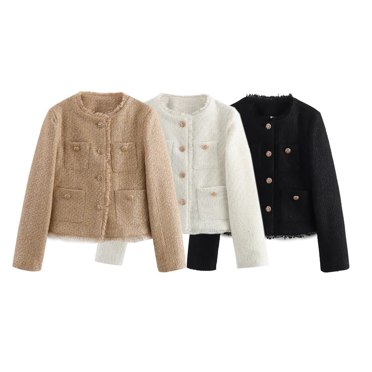 Women's Clothing three-color bright silk texture French style small fragrance round neck raw edge pocket short jacket