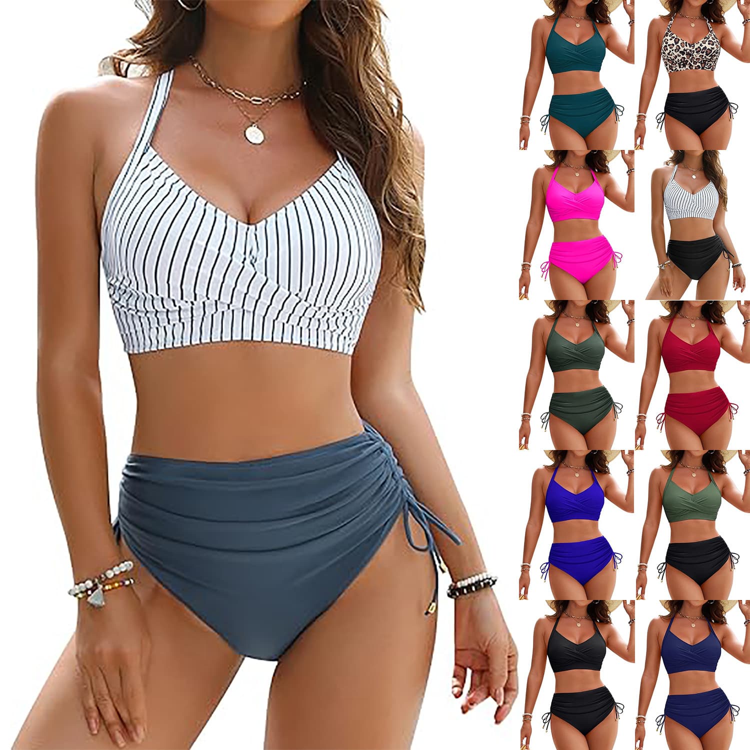 Women's Clothing Split Swimsuit Female High Waist Drawstring Bikini Set