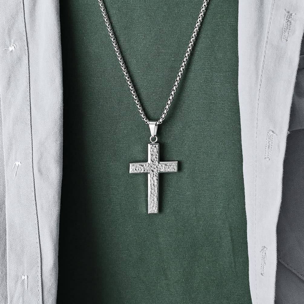 Hammered titanium steel cross necklace irregular hand hammered neutral cold style wear pendant