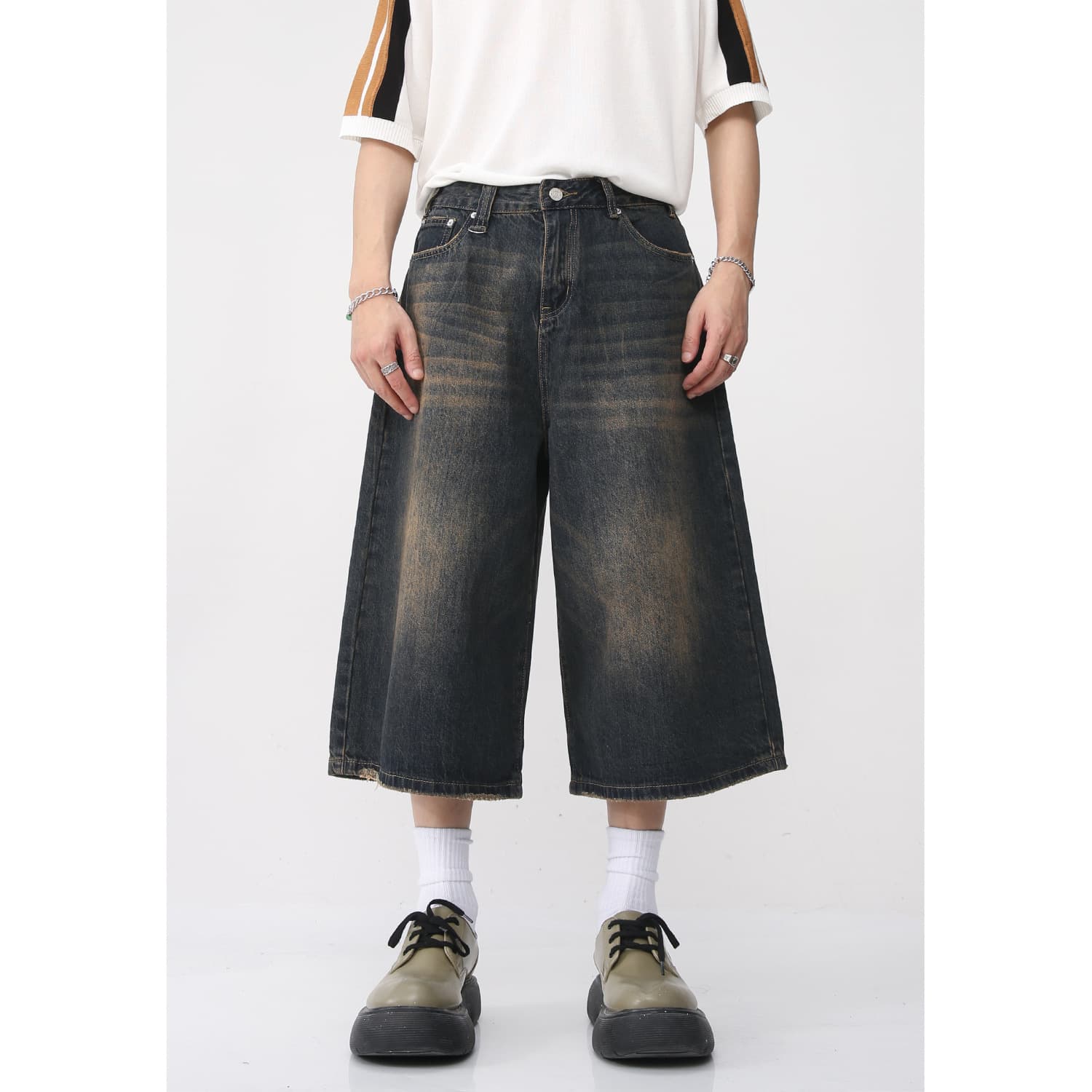 Men's Clothing Loose Wide Leg Retro Distressed Flared Cropped Pants