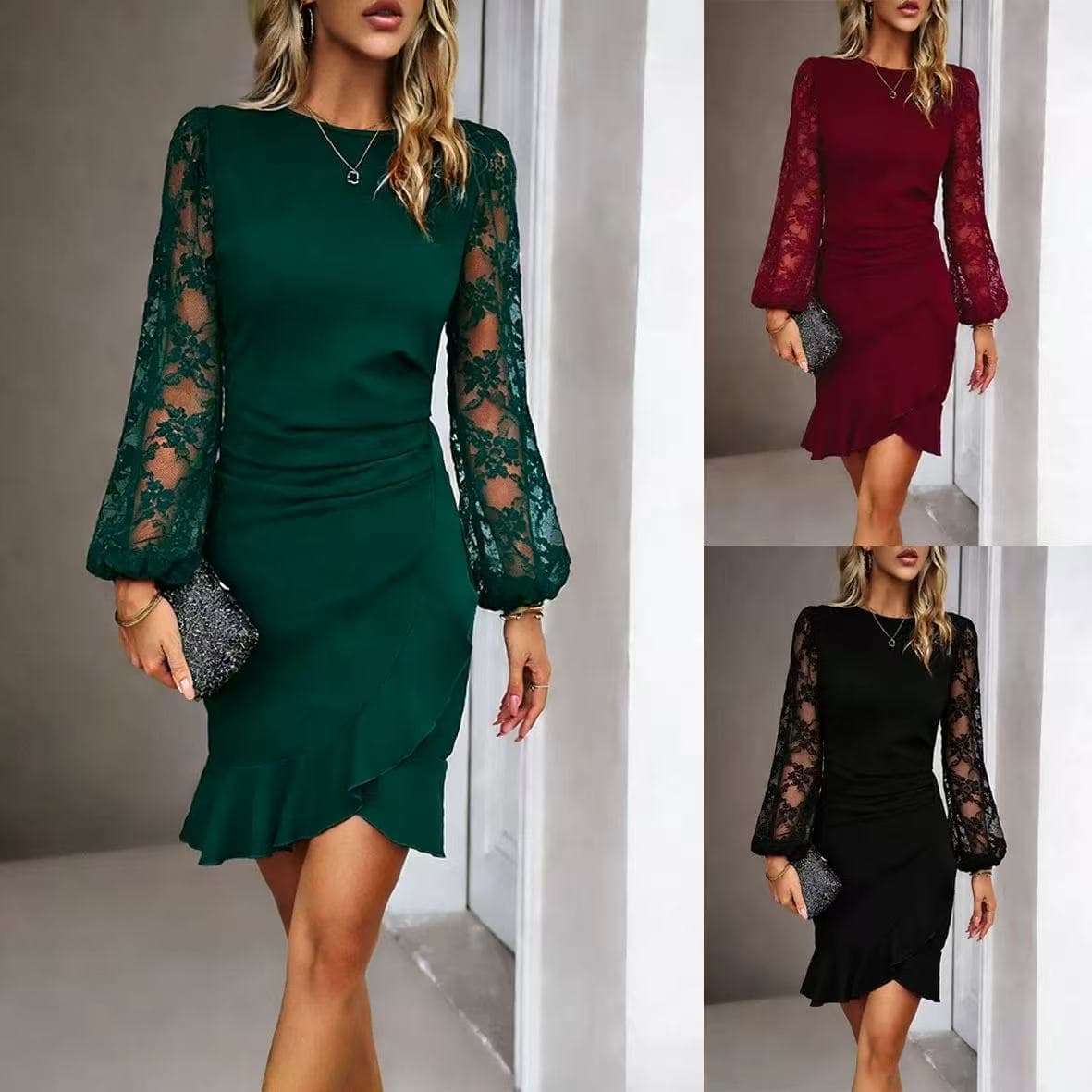 Elegant Lace Bubble Sleeve Dress – High Waist Ruffle Wrap Dress In Stretch Polyester (S-XXL, 3 Classic Colors)