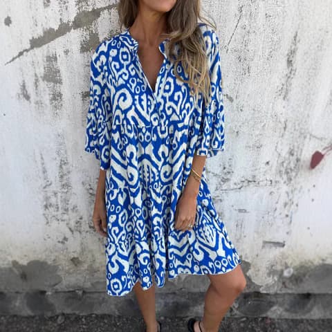 Women's Clothing Spring And Summer New Casual V Neck Printed Pleated Dress