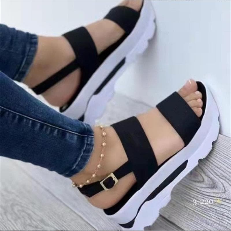 new large size women's shoes wide buckle British style thick bottom wedge fish mouth sandals for women