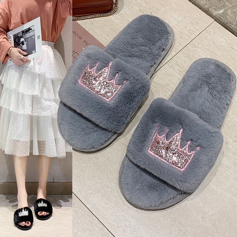 Fur slippers women's autumn and winter new indoor and outdoor flip flops cotton slippers flat bottom crown warm casual women's shoes wholesale