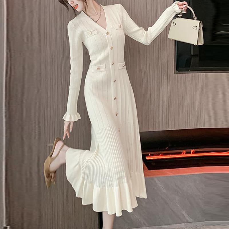 Women's Clothing Autumn And Winter Celebrity Long Sleeve Hem Long Skirt Single Breasted Fishtail Knitted Dress