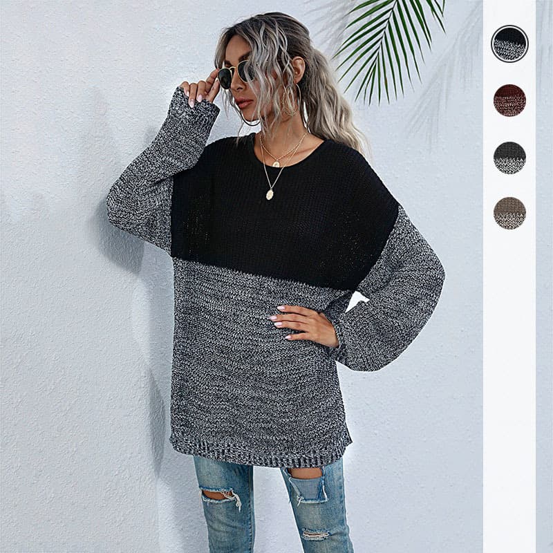 Women's clothing independent station contrasting round neck long-sleeved knitted sweater for women mid-length