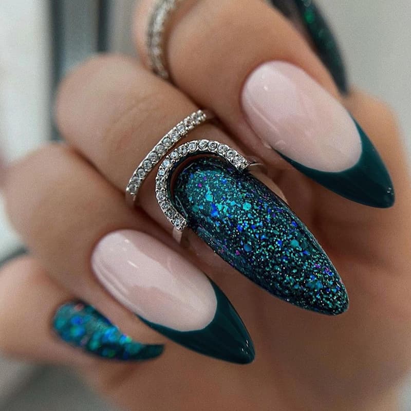 False Nails Fashion Almond Armor Dark Green French Flash Manicure Practice Armor