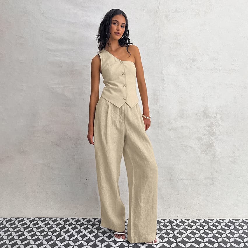 Women's Commuter Fashion Khaki Off-shoulder Cotton and Linen Vest Trousers Two-piece Set