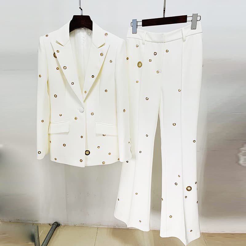 Runway-Ready Metal Grommet Blazer & Trousers Set – Avant-Garde Power Suit (Handcrafted Stud Detailing) – From Street Style To Red Carpet Glam​