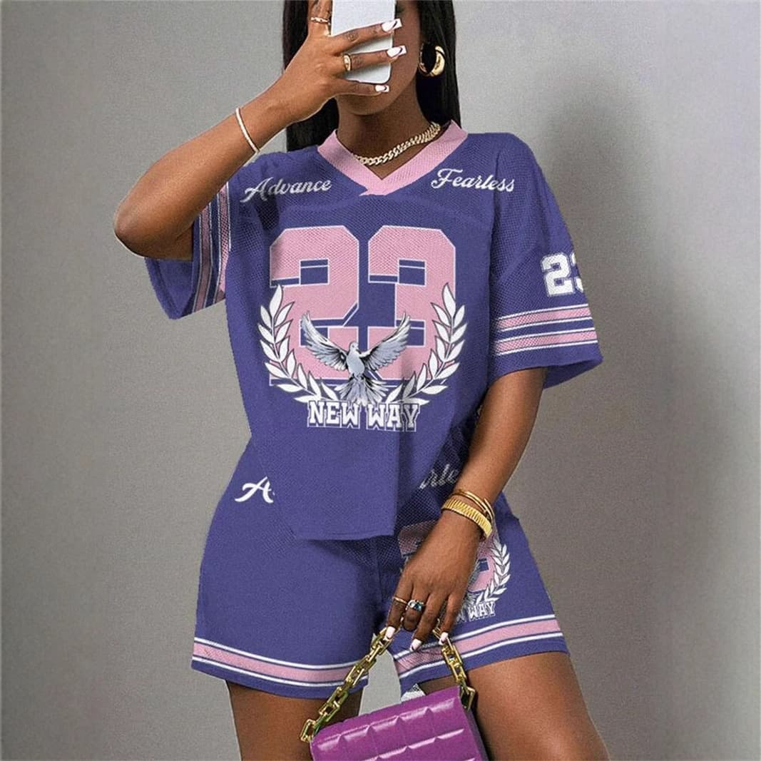 Women's Clothing Fashion Retro Street Print Loose Casual V Neck Short Sleeved Top Shorts Sports Suit