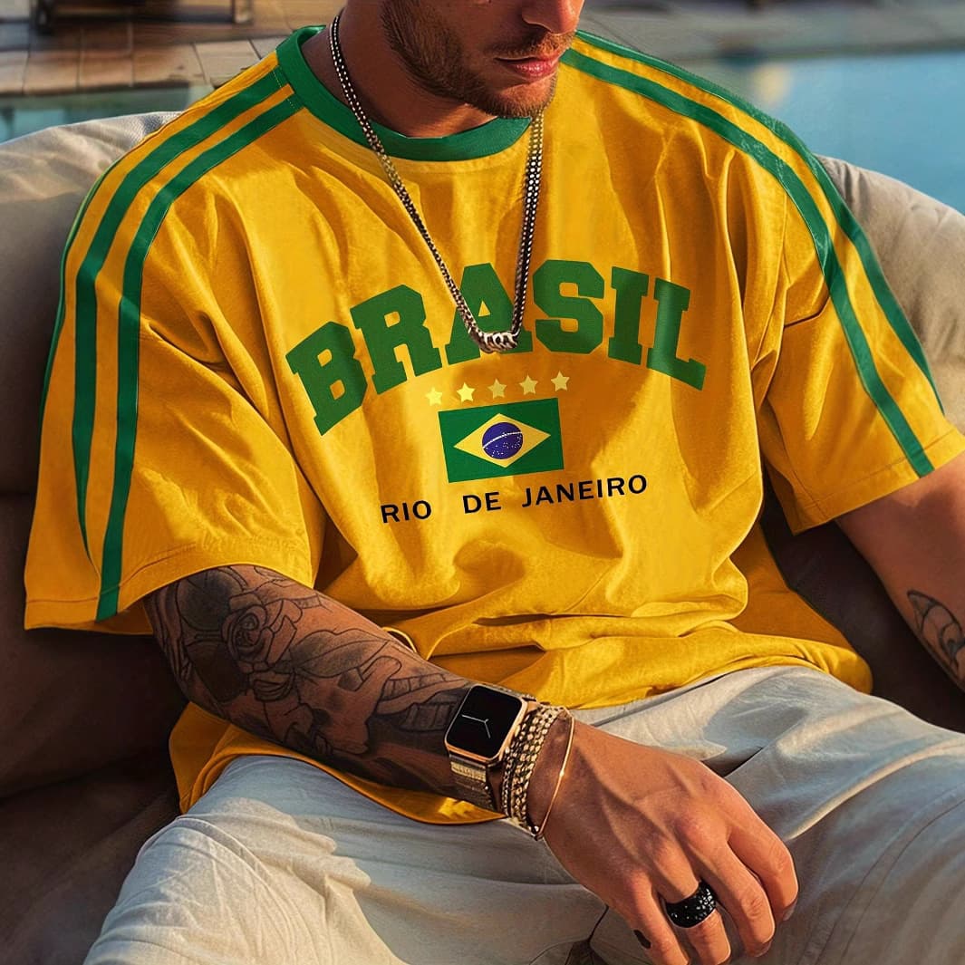 2024 Cross Border Hot Sale 3D Printed Unisex Fashion Retro Large Loose Brazil National Football Team T Shirt