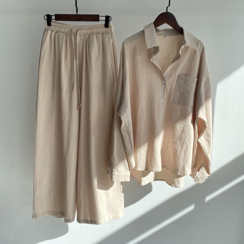 Women's Casual Plus Size Cotton And Linen Shirt Suit High Waist Loose Trousers