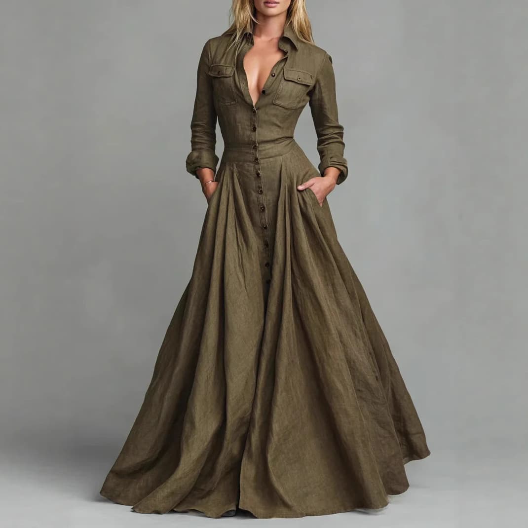 Oversized Button-Up Shirt Dress With High Waist & Flowy Silhouette – Chiffon Polyester, Military Green