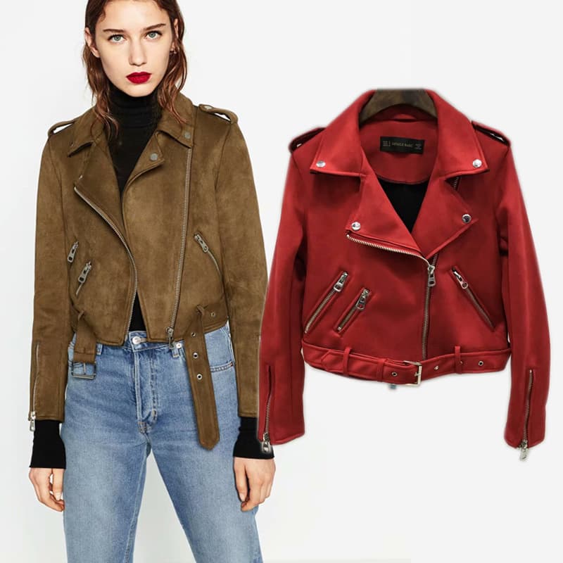 Women's Leather Jacket Slim Fit Zipper Decorated Suede Jacket Short