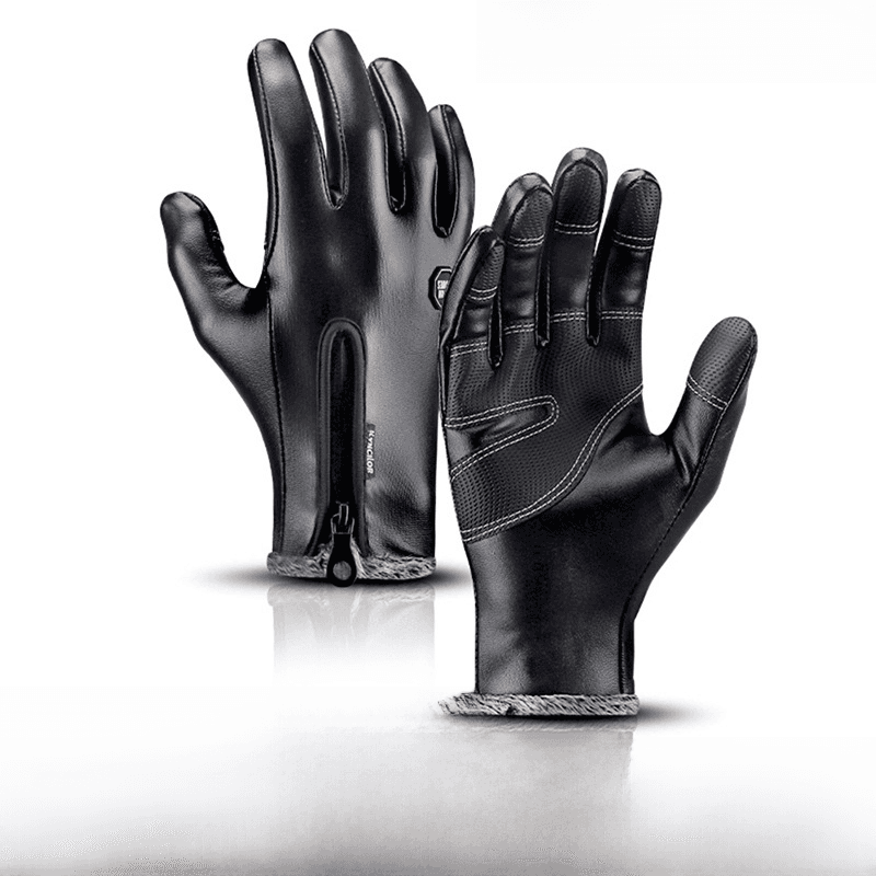 Warm winter cycling gloves Outdoor PU leather zipper windproof fleece waterproof touch screen sports ski gloves