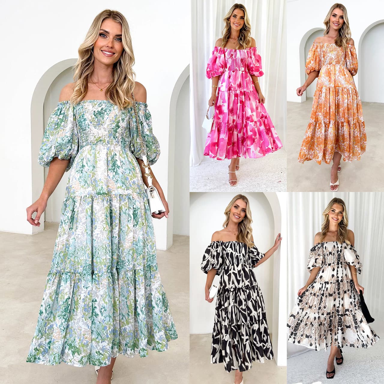 Women's Clothing popular holiday style puff sleeve printed cake skirt