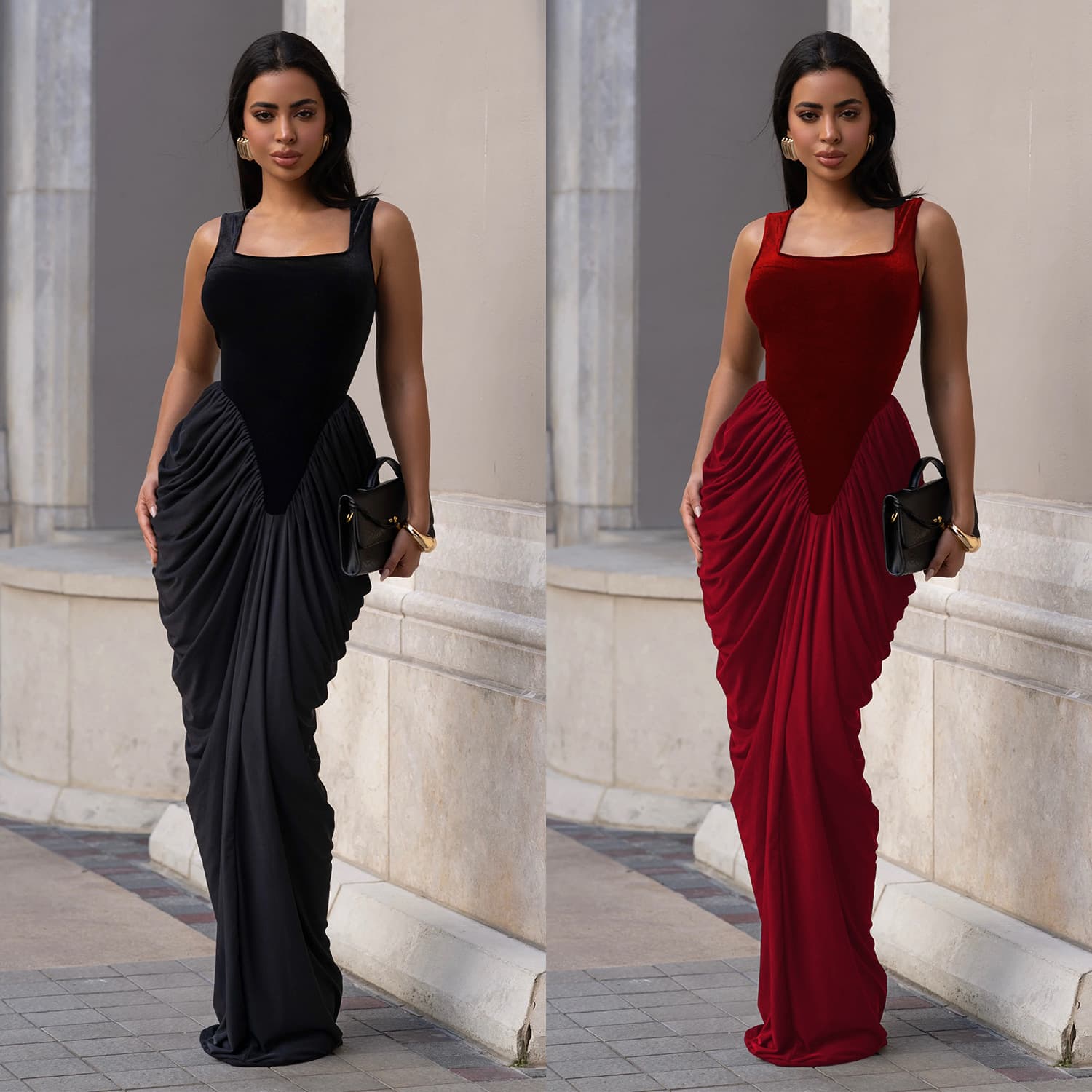 Women's Clothing Elegant Velvet Bodycon Dress For Women - High Waist Backless Sleeveless U-Neck Midi Dress With Tailored Fit | Polyester Spandex Blend