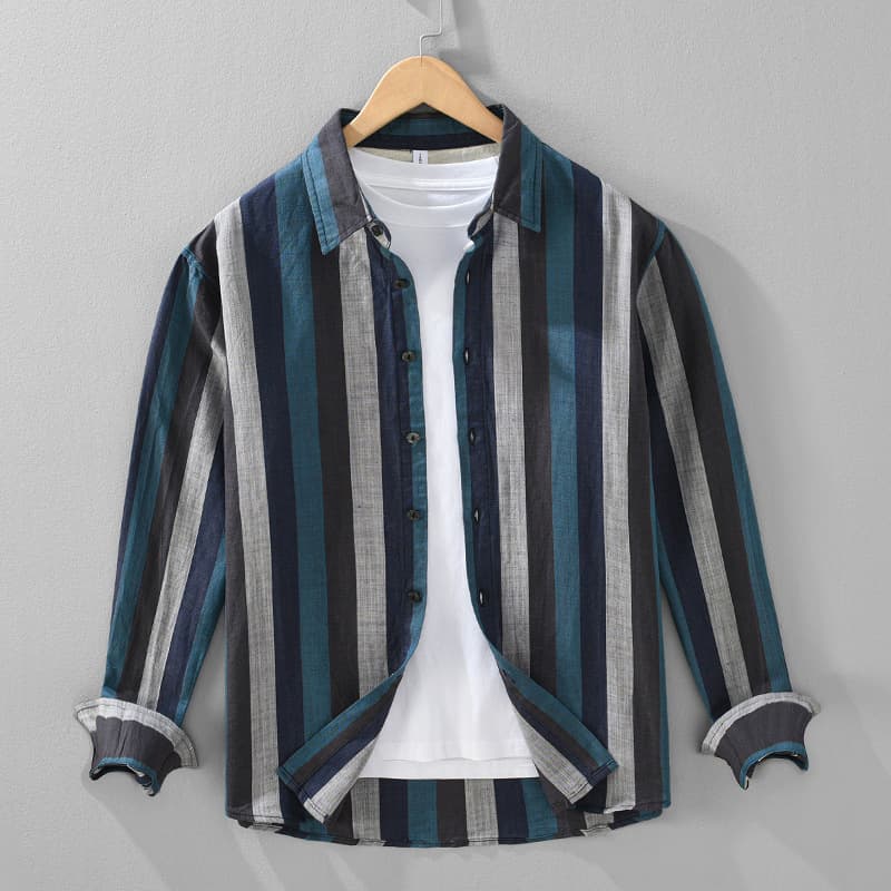 Color Woven Striped Linen Long Sleeved Men's Shirt Casual Retro Square Collar Top