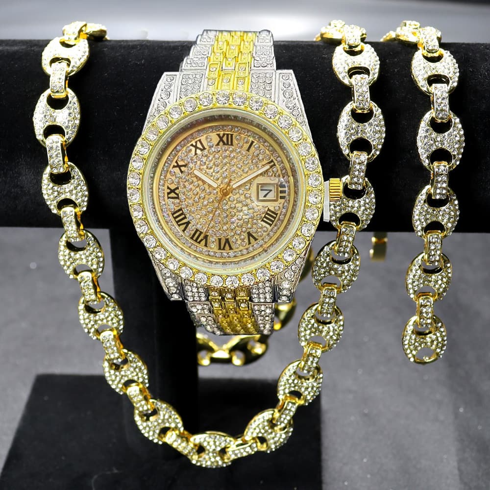 Full Diamond Hip Hop Watch Character Cuban Bracelet Necklace Set Roman Scale Calendar Quartz Watch