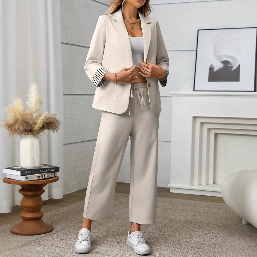 Women's Elegant Blazer & Pants Suit Set - Office To Weekend Stretch Polyester Wrinkle-Resistant Outfit (White/Blue/Lavender/Gray, S-4XL)