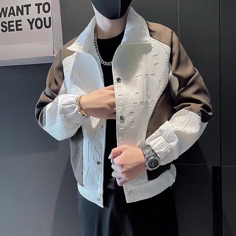 Boy Spring And Autumn Brand Men's Turn-Down Collar Jacket Patchwork Cardigan Color-Block Trendy Versatile Slim Fit Coat Cool