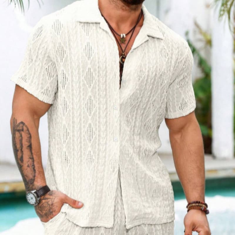 Men's Clothing Casual Cardigan Short Sleeved Top Loose Knitted Shirt