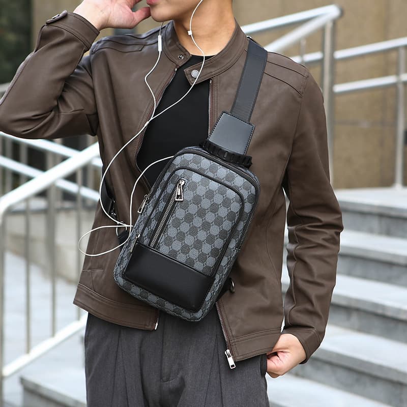 Men's Crossbody Bag – Waterproof PU Sling Bag With Checkerboard/Triangle/Hexagon Print For Travel & Daily Use