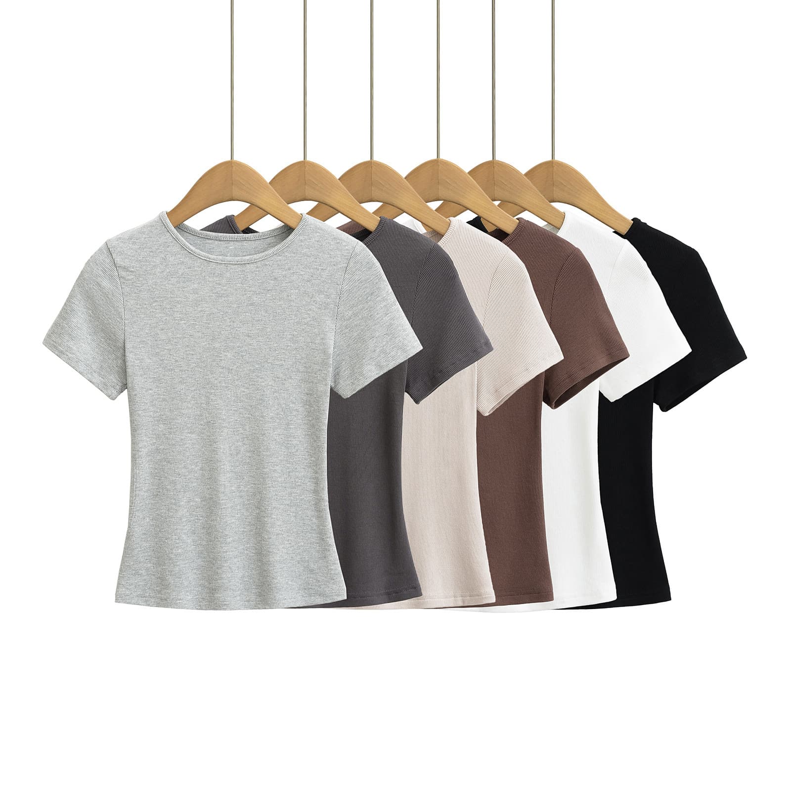 Women's Clothing Solid Color Round Neck Tight Short Sleeve Top Female Slim Thread T Shirt