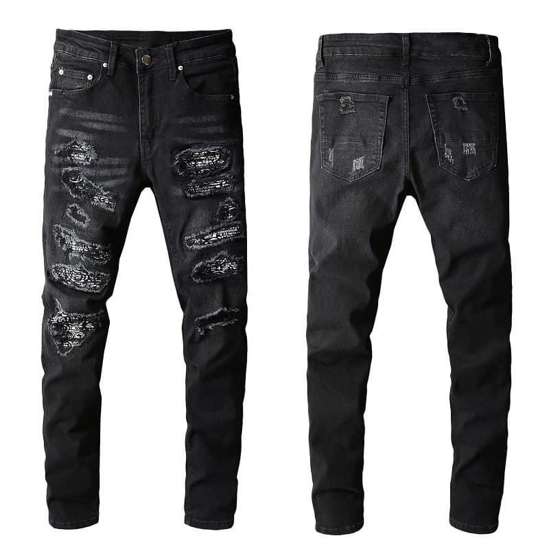 Men's Clothing European And American Men's High Street Black Jeans Men's Hand Worn Multi Patch American Style Small Feet Trendy Brand 669