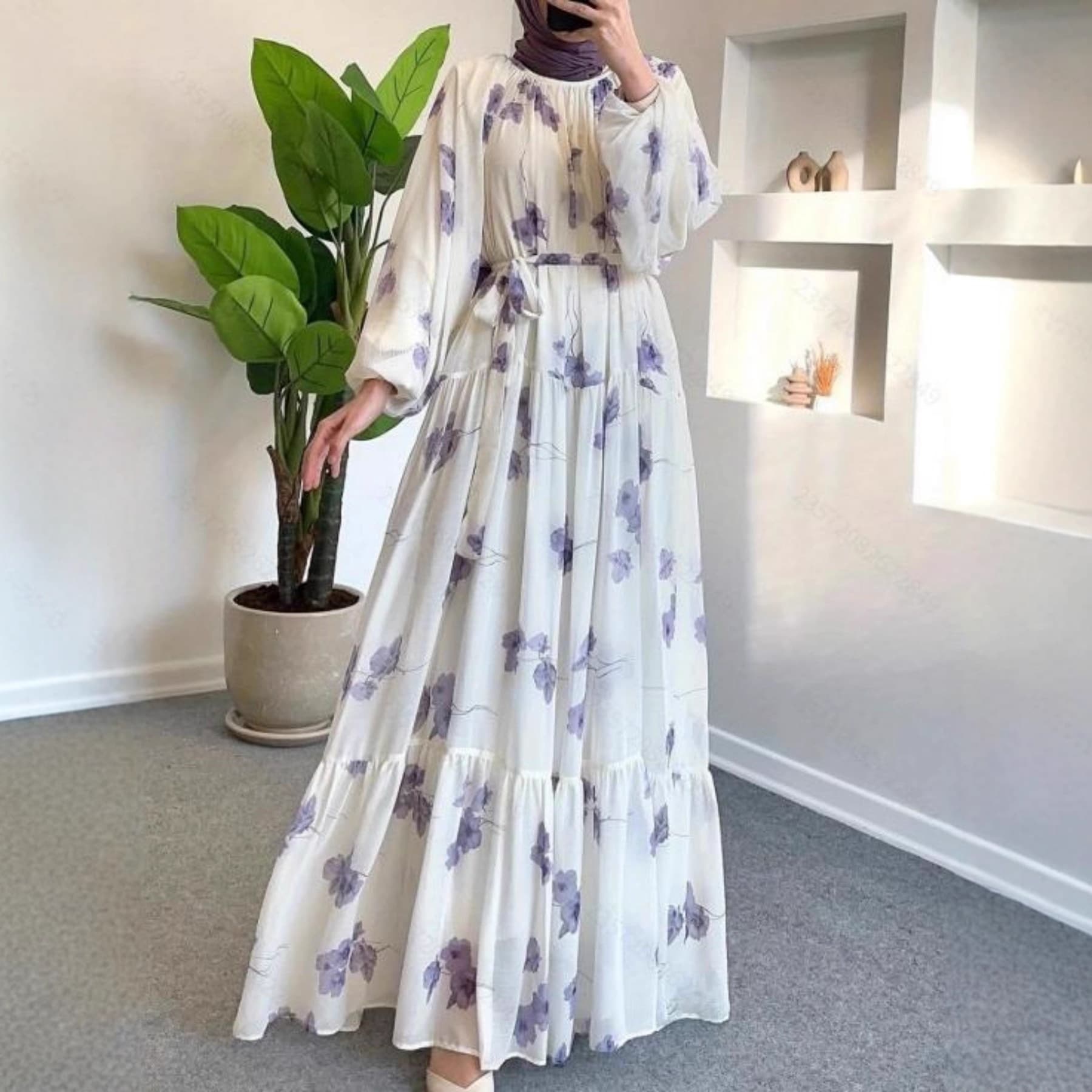 Elegant Floral Maxi Dress With Belt – French Bohemian Style, Long Sleeve Layered Design – Modest Muslim Women's Dress (Available In Brick Red )