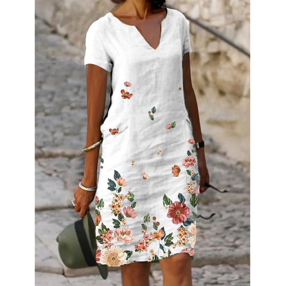 2023 selling floral print cotton linen short sleeved medium length V-neck dress